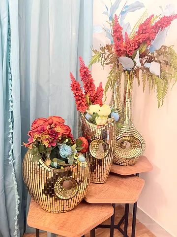 Set of big 4 Decorative Mosaic silver Gold Vases with Artificial Flowers