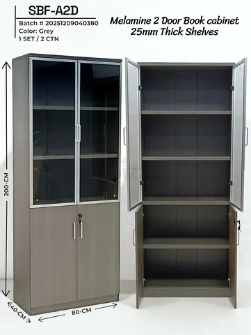 Melamine 2-Door Book Cabinet with Glass Top — 200cm, Grey