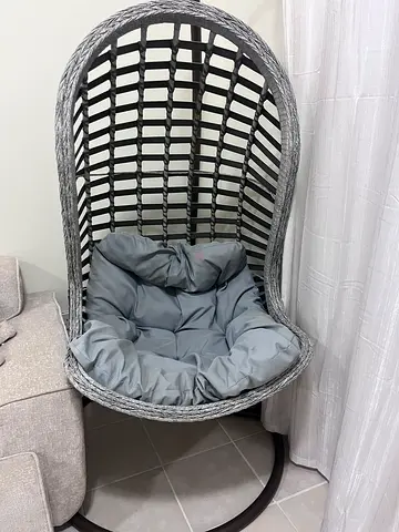 Grey Hanging Egg Chair with Cushion - Compact Indoor Rattan Swing