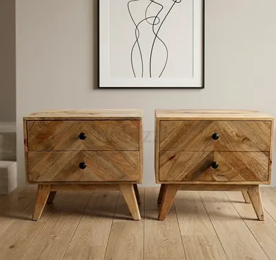 Pair of Solid Wood Nightstands with Chevron Design