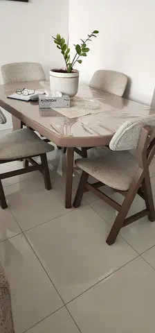 Wooden Dining Table with 6 Upholstered Chairs - Light Grey Cushions
