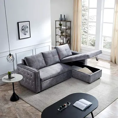Modern gray velvet L shaped couch