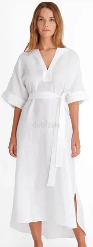 ERES White Linen Midi kaftan Dress with belt, brand new free size