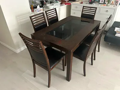 6 Seater Dark Wood Dining table Set with Glass Inlay Table