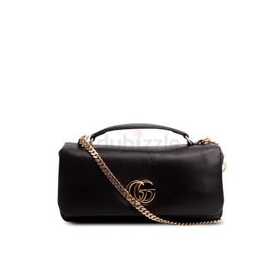 Authentic Gucci Black Lambskin Small GG Milano Top Handle Shoulder Bag