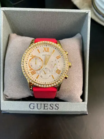 Guess womens gold-tone watch with red strap, crystal bezel - good condition