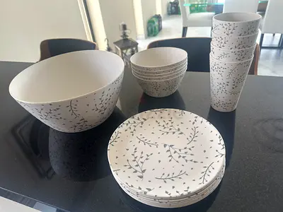 Set of 12 White Floral bambooDinnerware - 7 Plates, Bowls cups