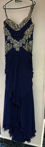 Navy Blue Evening Gown with Beaded Bodice, Size Unknown