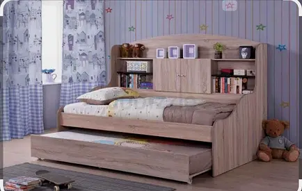 Comfortable kids bed - built-in storage shelves and pull-out drawer.