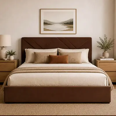 Luxury Upholstered Fabric Bed Frame With Mattress. King Size New Bed With Mattress