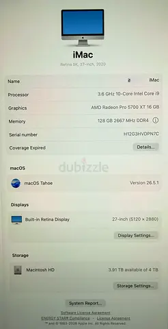 Apple iMac 27-inch Retina 5K 2020 Intel Core i9 128GB RAM 4TB SSD