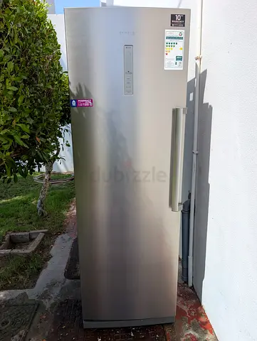 Samsung RZ32M71207F upright freezer is finished in refined stainless steel.