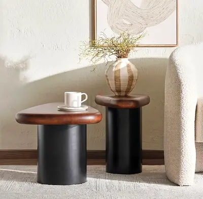 Set of 2 Modern Wooden Top Side  coffee Tables with Black Cylindrical Bases
