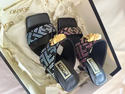 Fendi x Versace Fendace Black/Gold Suede Crystal Emebellished Slide Sandals - Size 37