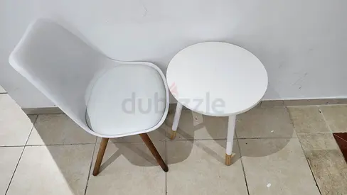 White modern side chair with matching small round side table - set of 2