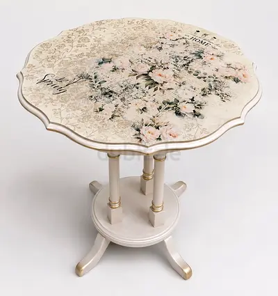 Round Floral Accent Side Table - Vintage White Wooden Pedestal