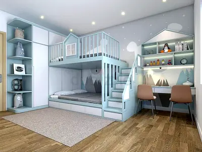 Custom kids loft bunk bed with study desk and storage - mint blue