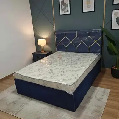 Single Bed Frame with Headboard and Mattress - Blue