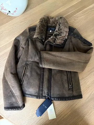 Women Brown Faux-Suede Biker Jacket with Faux Fur Collar - New with Tags