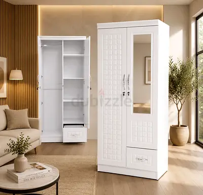 New White 2-Door Wardrobe with Mirror and Drawer For Sale