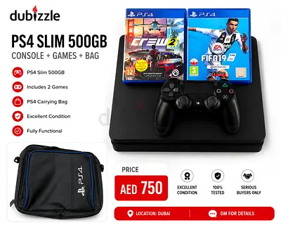PS4 Slim 500GB + Original Controller + 2 Games + Carry Bag