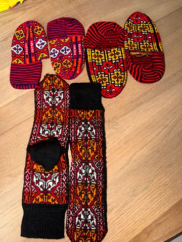 Hand-knitted traditional patterned socks and mittens set