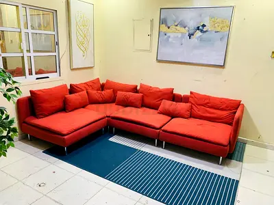 Red L-shaped Corner Sofa — Good Condition, Comfortable Seating