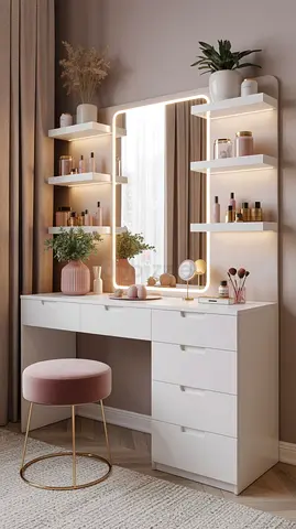 White Dressing Table with LED Mirror and Shelves