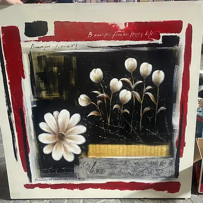 Framed Floral Painting - Neutral Tones with Red Accent (Single Panel)