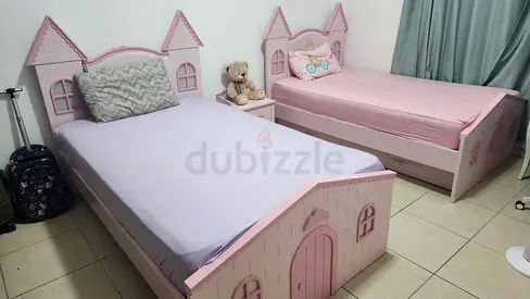 Pair of Pink Castle Themed Kids Beds - Single Size, Good Condition