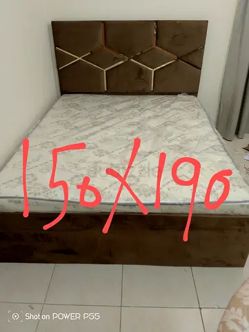 Queen size upholstered bed frame with mattress (150 x 190 cm) - used