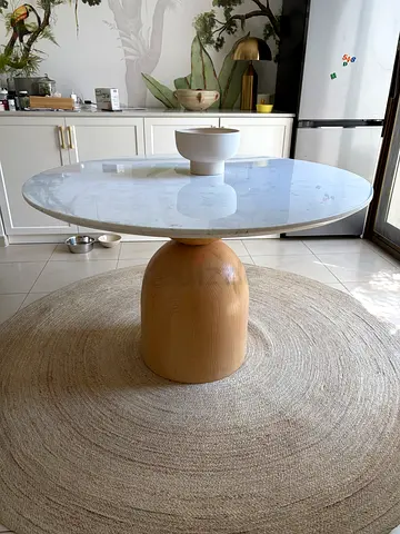 Modern Round Marble Top Dining Table with Wooden Base