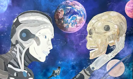 Original Sci‑Fi Acrylic Painting — Robot and Skull in Space (Signed)