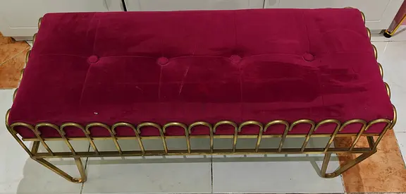Gold Metal Bench with Burgundy Velvet Cushion