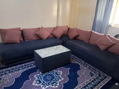 L-shaped navy fabric sofa set with pink cushions + matching blue area rug