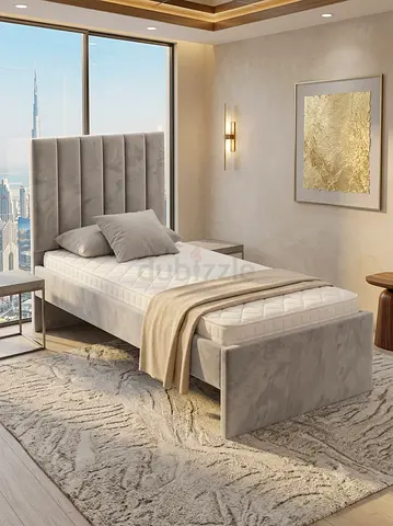 Single Velvet Bed Frame with Headboard - Light Grey New For Sale