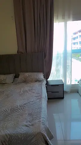 Queen bed with headboard and bedside table - good condition