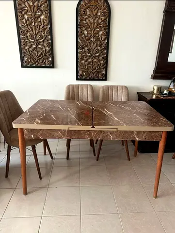 Mid-century style extendable dining table with marble top (6 chairs available)