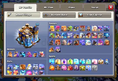 Clash of Clans Account - Maxed Town Hall Variety of Heroes, Troops Spells along with level 20 clan