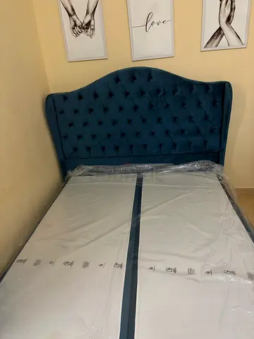 Queen size mattress in good used condition with velvet headboard and frame clean and no any stain