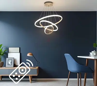 Led Pendant Light With Three Light Rings. Adjustable Height, Three colour Options with remote