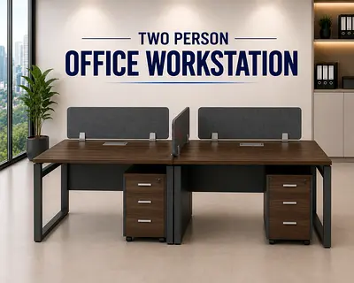 Modern 2 Person Office Workstation – Walnut  Grey Office Desk with Pedestal Drawers