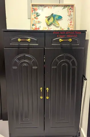 Dark Wood 4-Layer Shoe Rack Cabinet with Drawers - Almost New AED150