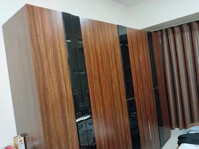 Large 6-Door Wooden Wardrobe with Glossy Black Panels