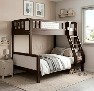 Solid Wood Bunk Bed with Ladder - Double/Single (Dark Finish)