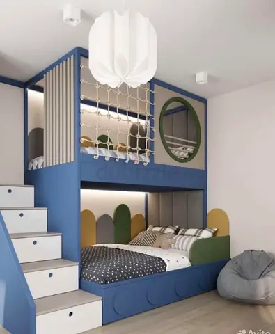 Modern Blue Kids Bunk Bed with Storage Stairs