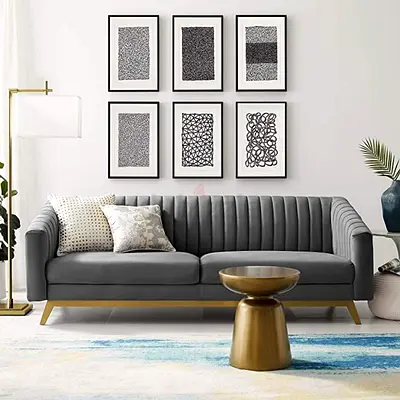 Modern Grey Velvet 3-Seater Sofa with Channel Tufting