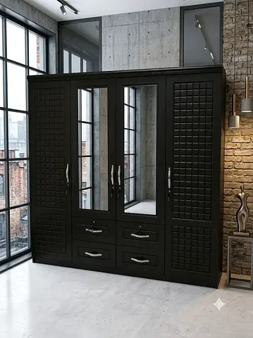 Black 4-Door Wardrobe with Mirrors and Drawers - Solid Modern Design