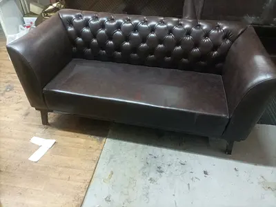 6 pcs sofas.  Dark brown faux leather 3-seater (210cm) Chesterfield-style sofa — good condition