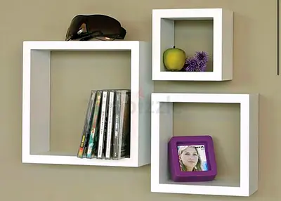 Set of 3 White Wall Display Shelves - Cube Floating Shelves